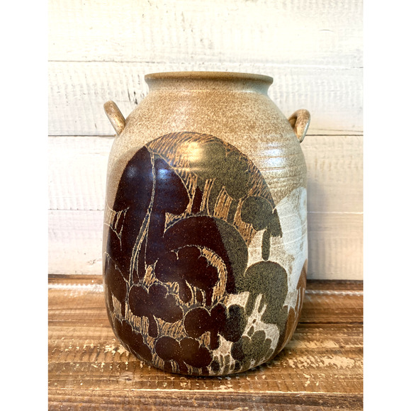 Vintage Crich Pottery England Double Handled Jug Brown Diana Worthy Signed - Picture 1 of 12